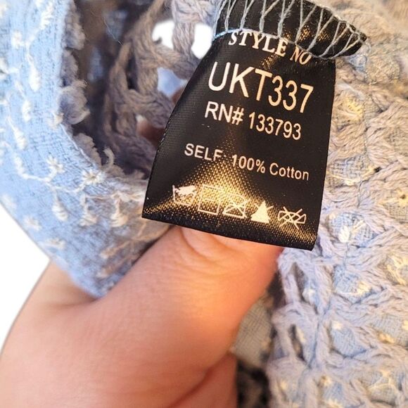 POL Women's Light Blue Cotton Boho Open Knit Eyelet Zip Up Hoodie Size M - Picture 5 of 5